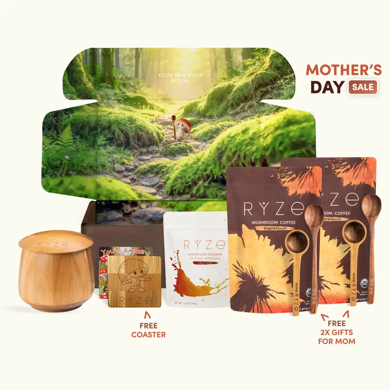 Ryze product set with wooden container, coasters, and packaging on a white background