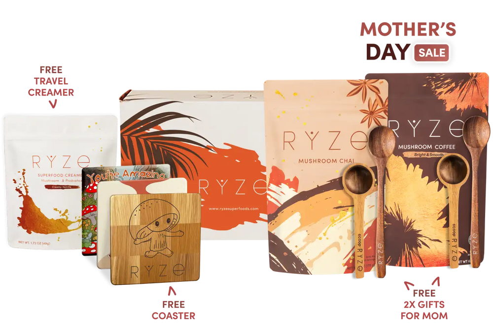 RYZE product packaging with promotional text for Mother's Day sale on a white background