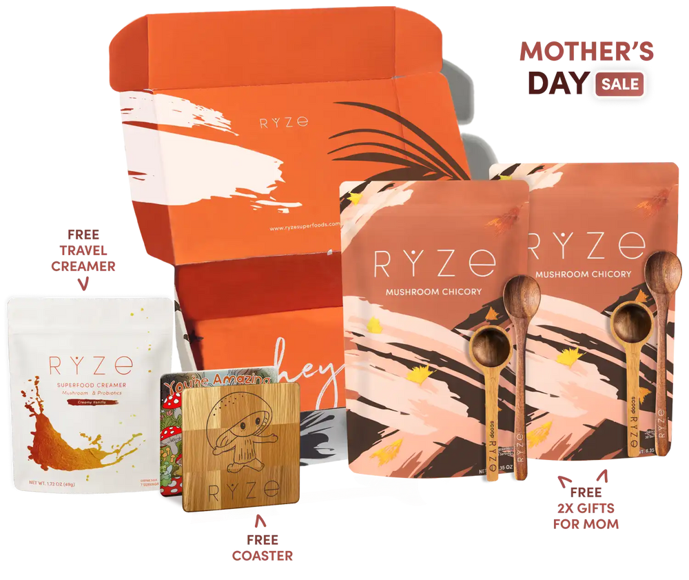 Ryze product packaging with promotional text for Mother's Day sale on a white background