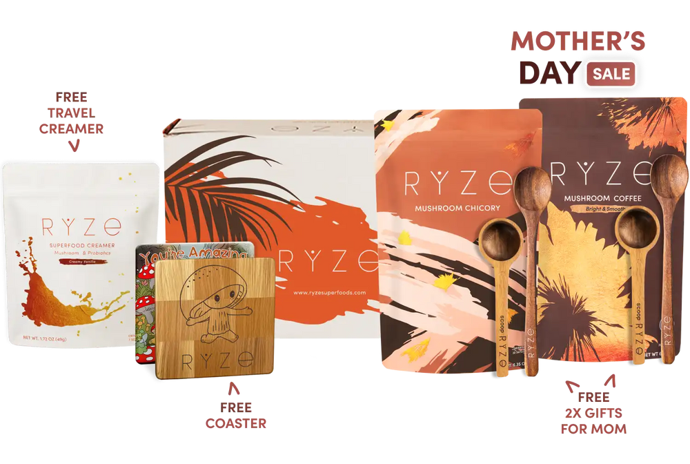 Ryze products with promotional text for Mother's Day sale on a white background