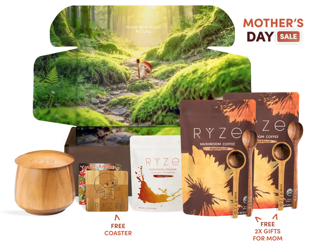 Promotional image of RYZE products with a scenic background and Mother's Day sale text.