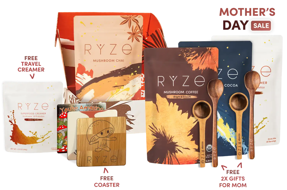 Collection of RYZE products including coffee packages, travel creamer, and wooden spoons with promotional text for Mother's Day sale.
