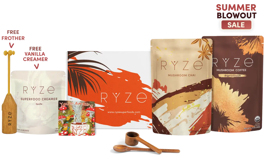 A product bundle from RYZE featuring Mushroom Chai and Mushroom Coffee pouches, a Superfood Creamer pouch, wooden spoons, and promotional text reading 'FREE FROTHER' and 'FREE VANILLA CREAMER' with a 'SUMMER BLOWOUT SALE' banner.