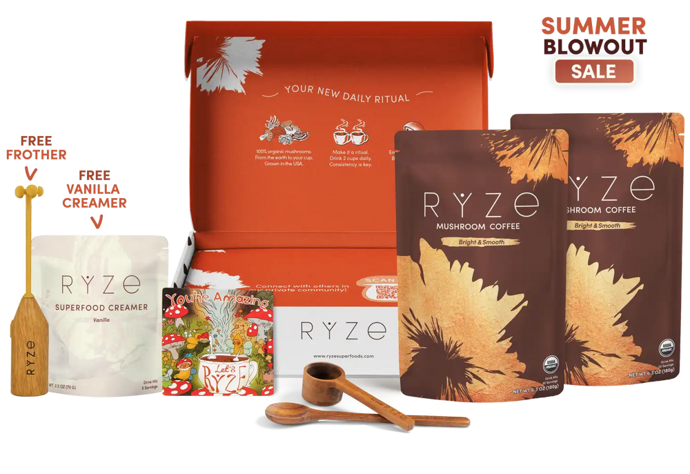 Ryze coffee gift set with an orange box, two brown and beige pouches of mushroom coffee, a vanilla creamer pouch, a wooden frother, measuring cups, and a 'Summer Blowout Sale' banner on a white background.