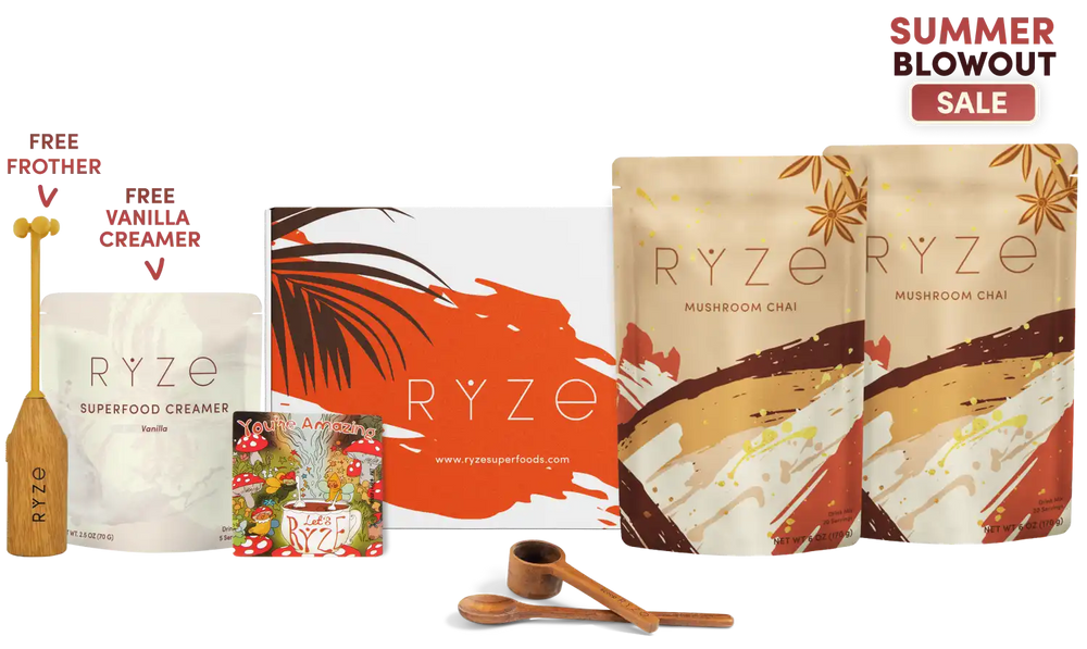 A RYZE summer blowout sale bundle featuring multiple product packages including Mushroom Chai pouches, Superfood Creamer pouches, a wooden spoon tool, and a wooden scoop, arranged on a white background with promotional text.