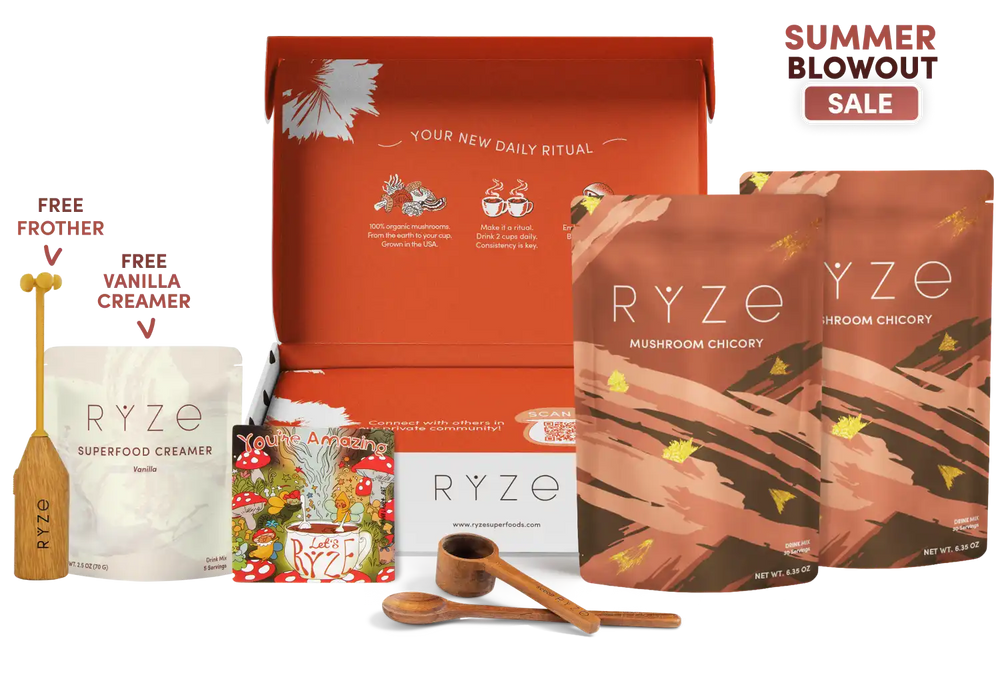 RYZE Mushroom Chicory gift set displayed on a white background with a 'Summer Blowout Sale' banner in the top right. The set includes an open terracotta-colored box, two resealable pouches (Mushroom Chicory and Superfood Creamer), a small illustrated magnet, a wooden scoop, and a wooden spoon.