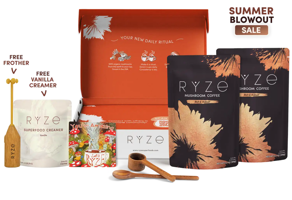 RYZE gift set featuring mushroom coffee pouches, a frother, wooden measuring cups, and a promotional 'Summer Blowout Sale' banner on a white background.