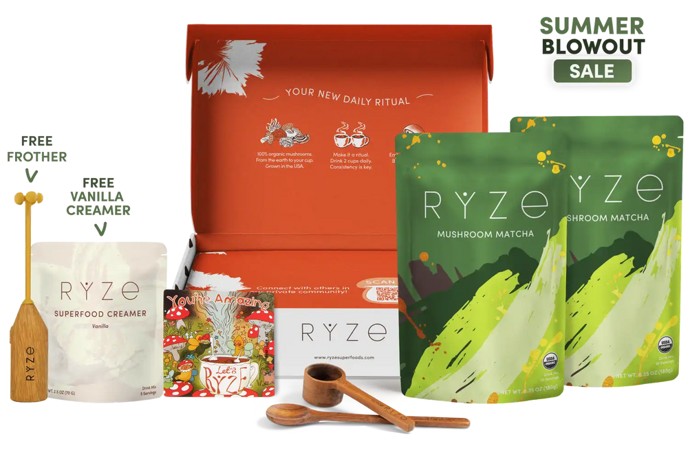 Ryze Coffee Company Summer Blowout Sale bundle featuring a large orange gift box, two green mushroom matcha pouches, a white creamer pouch, a wooden frother, wooden measuring cups, and a small illustrated magnet, arranged on a white background with 'SUMMER BLOWOUT SALE' text in the upper right.