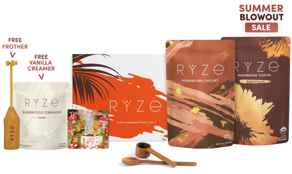 Ryze Summer Sale bundle featuring RYZE Mushroom Coffee, RYZE Mushroom Chicory, a free frother, and a free vanilla creamer. The products are arranged on a clean white background with a 'MEGA SUMMER SALE' banner in the top right corner.
