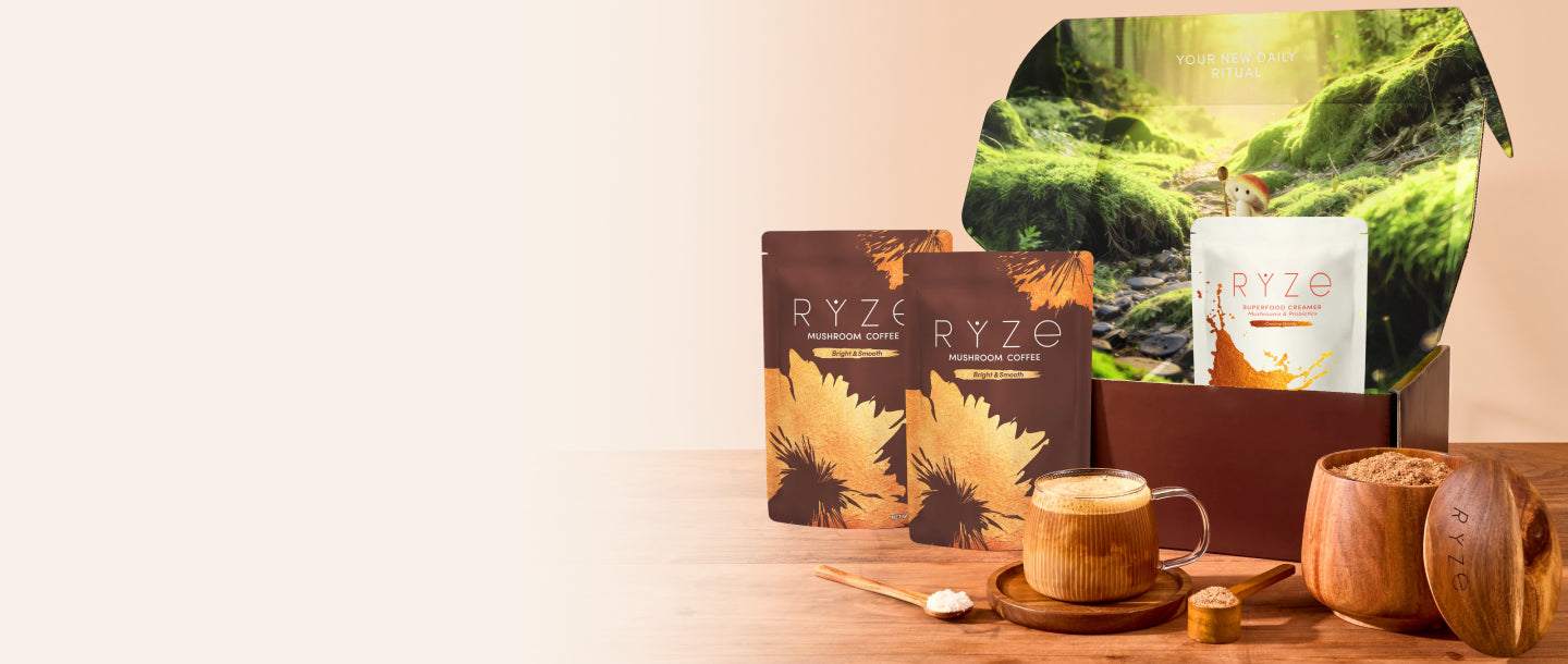 Ryze Mushroom coffee packaging with a cup of coffee and wooden items on a table.