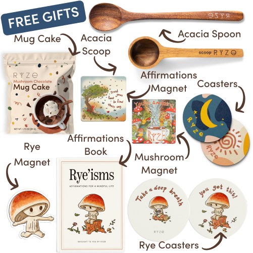 Collection of Ryze products including hot cocoa, wooden utensils, coasters, and a mushroom-themed magnet.