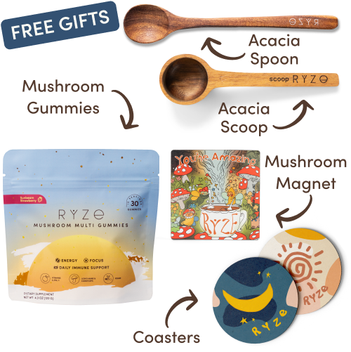 Collection of Ryze products including hot cocoa, wooden utensils, coasters, and a mushroom-themed magnet.