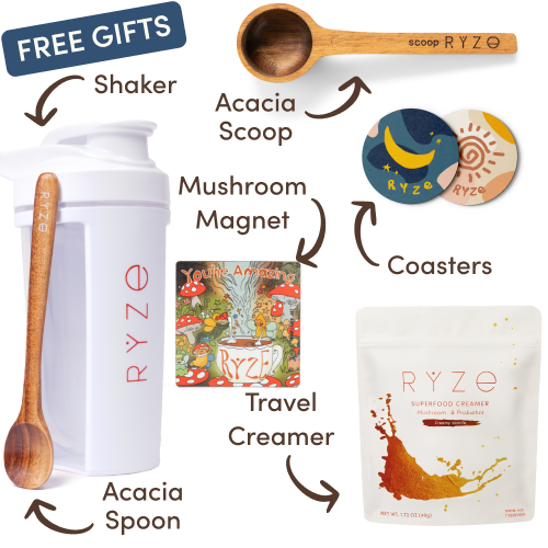 Collection of Ryze products including hot cocoa, wooden utensils, coasters, and a mushroom-themed magnet.