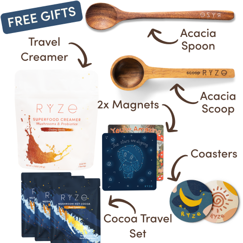 Collection of Ryze products including hot cocoa, wooden utensils, coasters, and a mushroom-themed magnet.