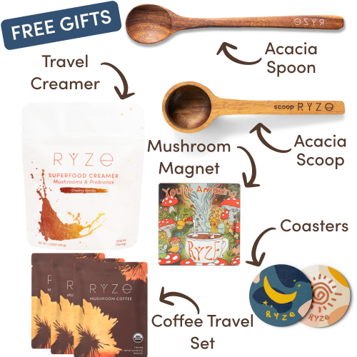 Collection of Ryze products including hot cocoa, wooden utensils, coasters, and a mushroom-themed magnet.