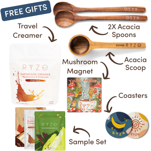 Collection of Ryze products including hot cocoa, wooden utensils, coasters, and a mushroom-themed magnet.