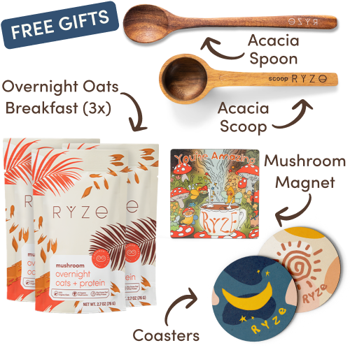 Collection of Ryze products including hot cocoa, wooden utensils, coasters, and a mushroom-themed magnet.