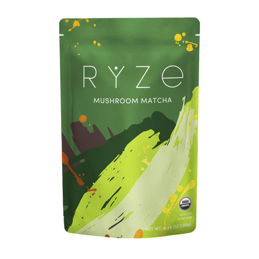 Green package of RYZE Mushroom Matcha on a white background