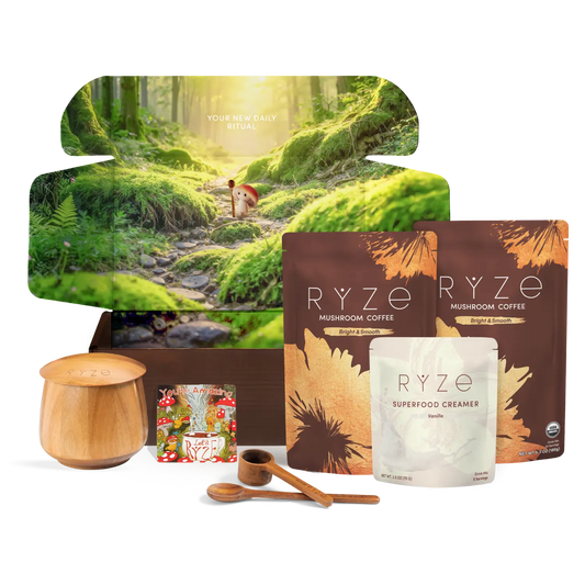 RYZE mushroom coffee packaging with a scenic background