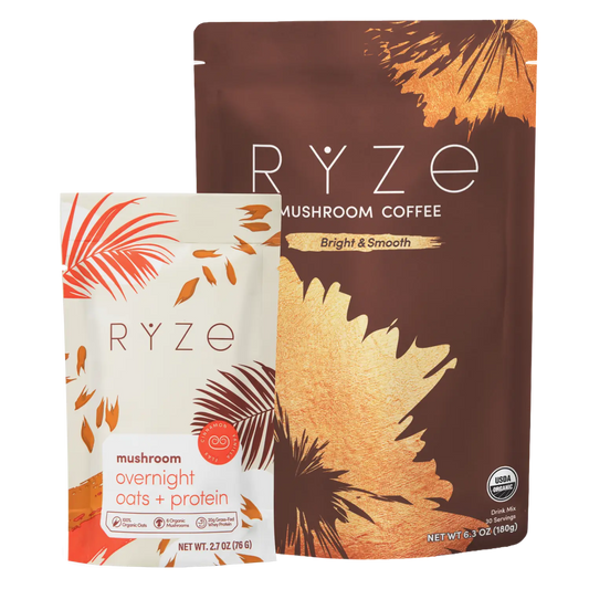 RYZE mushroom coffee package and RYZE mushroom overnight oats + protein package on a white background