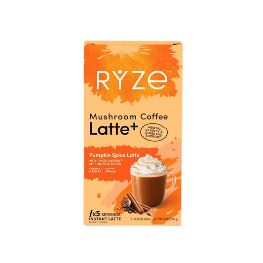 A box of RYZE Mushroom Coffee Latte+ Pumpkin Spice Latte instant coffee, featuring an orange and white design with a graphic of a pumpkin spice latte topped with whipped cream.