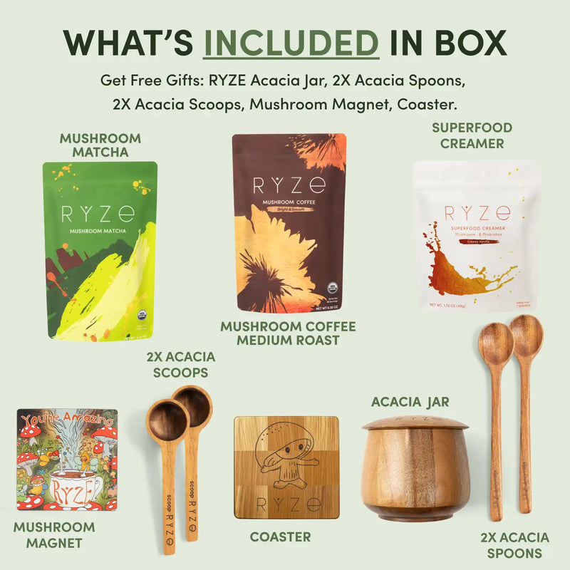 Promotional image of RYZE products including mushroom matcha, coffee, and accessories on a light green background.