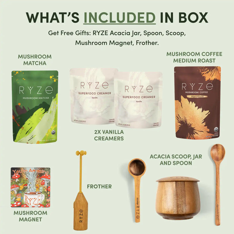 An informational product graphic titled 'WHAT'S INCLUDED IN BOX' on a pale green background, showing included RYZE gift items: Mushroom Matcha, two Vanilla Creamers pouches, Mushroom Coffee Medium Roast, a Mushroom Magnet, a Frother, an Acacia Scoop Jar and Spoon set, and a Spoon. Product names and counts are labeled next to each item.