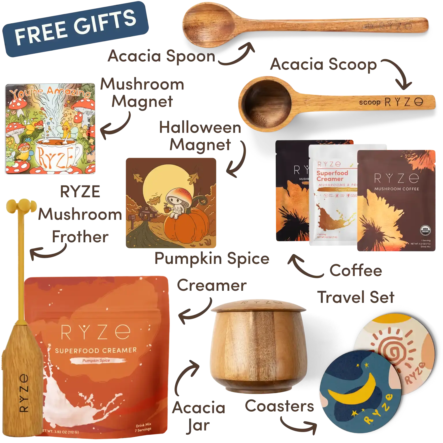 Collection of Ryze products including cocoa, spoon, scoop, coasters, and a mushroom-themed magnet.