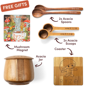 Wooden kitchenware set with RYZé branding including spoons, scoops, jar, magnet, and coaster on a white background.