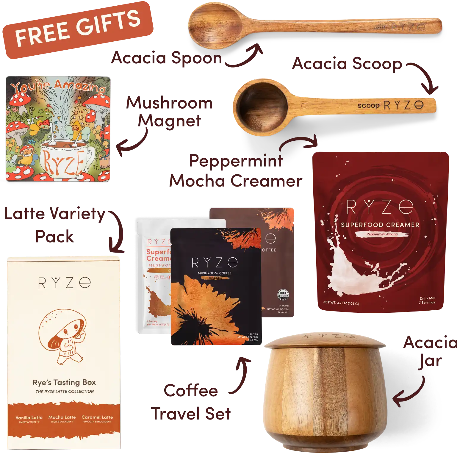 Ryze superfood creamer, acacia spoon, scoop, jar, mushroom magnet, and recipe booklet with 'Free Gifts' label.