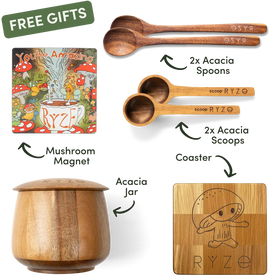 Wooden kitchenware set with RYZé branding including spoons, scoops, jar, magnet, and coaster on a white background.