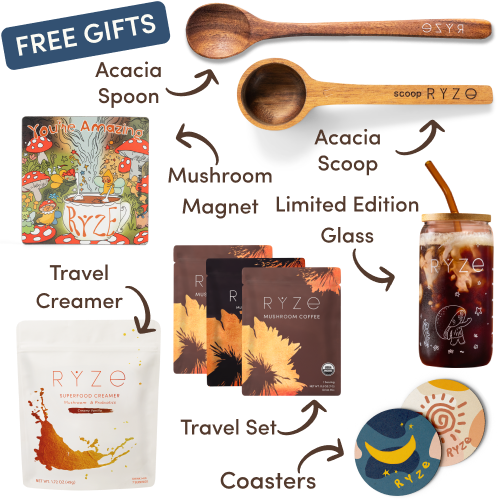 Collection of Ryze products including hot cocoa, wooden utensils, coasters, and a mushroom-themed magnet.