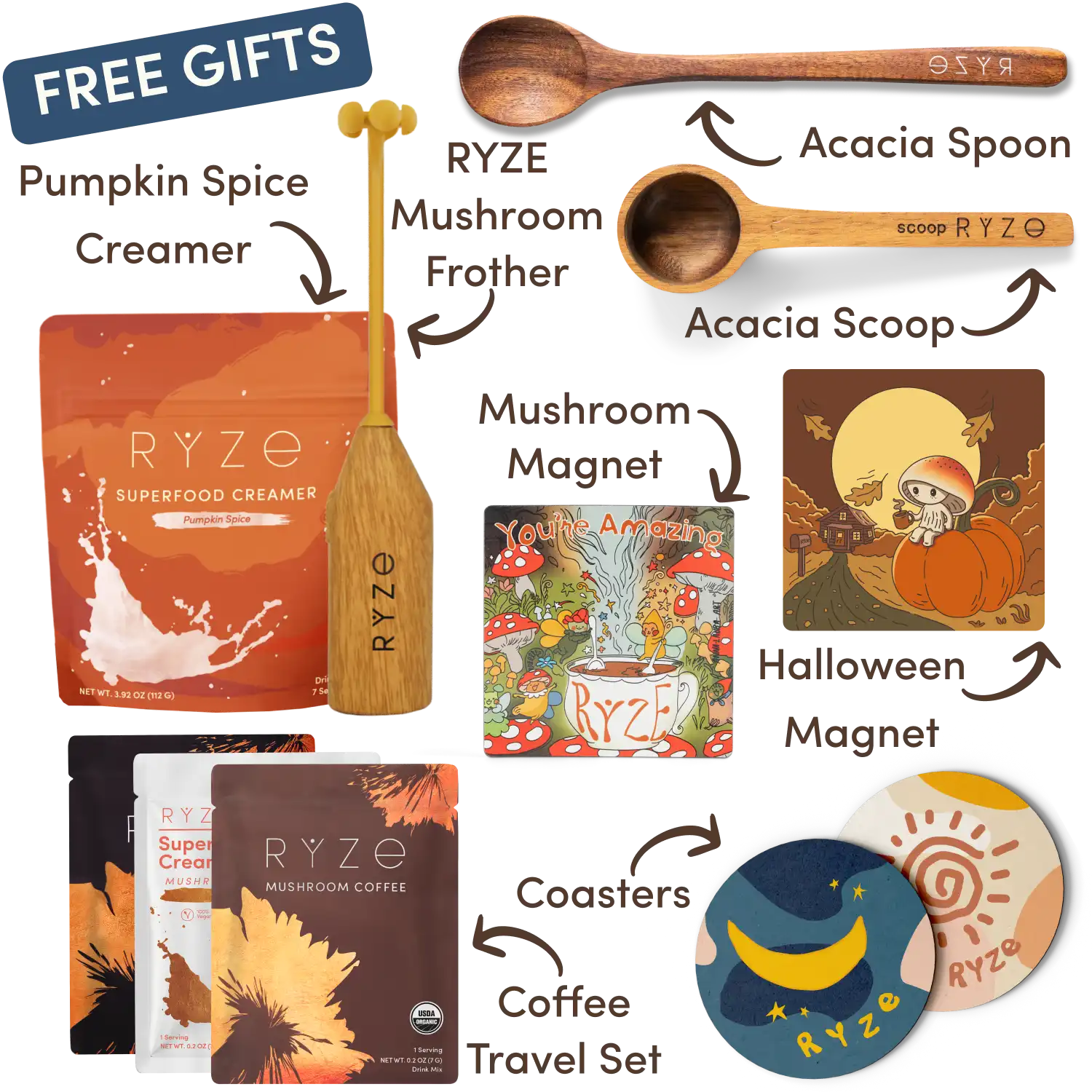 Collection of Ryze products including hot cocoa, wooden utensils, coasters, and a mushroom-themed magnet.