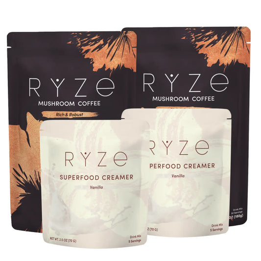 two dark brown stand-up pouches labeled Dark Roast Mushroom Coffee (Rich & Robust) in the back, and two pale cream pouches labeled Superfood Creamer.