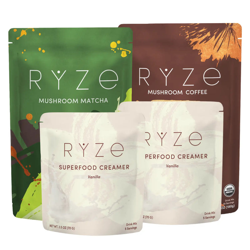 Four RYZE branded stand-up pouches arranged together on a white background: Mushroom Matcha in green, Mushroom Coffee in brown, and two creamer pouches in front labeled Superfood Creamer, Vanilla.