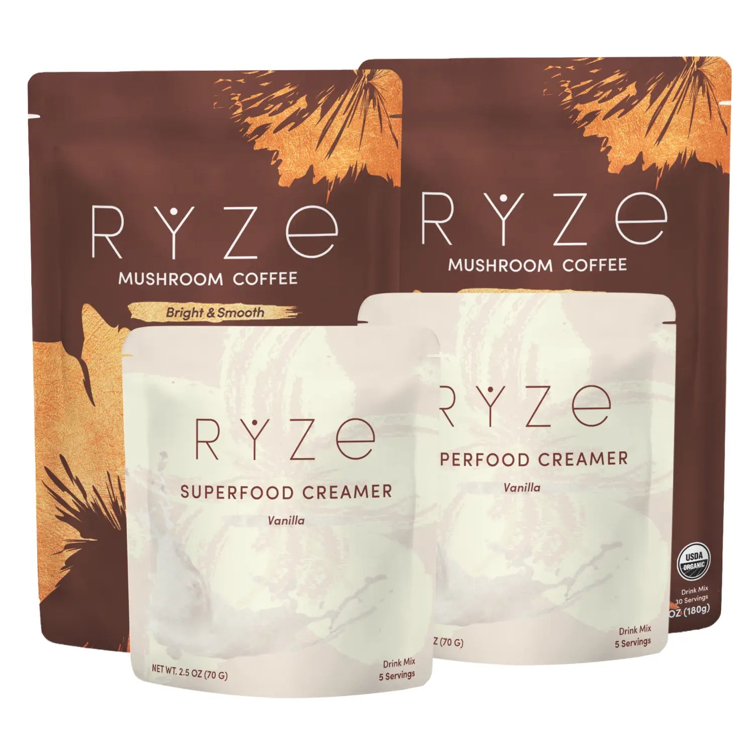 two brown pouches labeled Mushroom Coffee and one pale cream pouch labeled Superfood Creamer and Vanilla.
