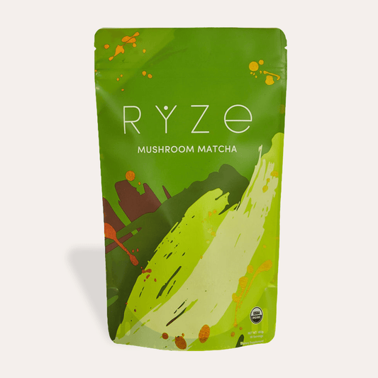 RYZE Mushroom Matcha - with 6 Organic Adaptogenic Mushrooms Grown In USA and Ceremonial - Grade Japanese Matcha - RYZERYZE Mushroom Matcha - with 6 Organic Adaptogenic Mushrooms Grown In USA and Ceremonial - Grade Japanese MatchaRYZE