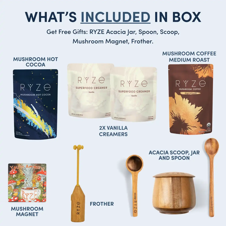 A product bundle infographic titled 'WHAT'S INCLUDED IN BOX' showing free gift items for RYZE: mushroom hot cocoa, mushroom coffee medium roast pouches, two vanilla creamers, an acacia scoop jar with spoon, a wooden frother, and a mushroom magnet on a light gray background.