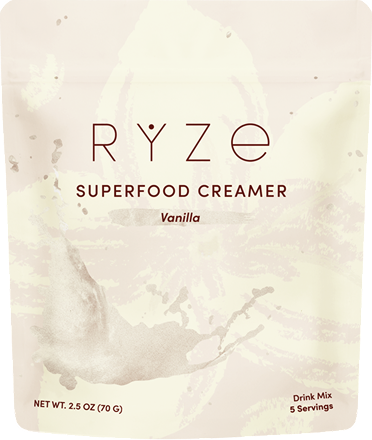 Ryze Superfood Creamer packet for vanilla flavor on a light background