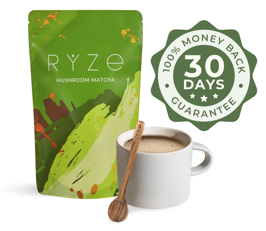 Package of Ryze mushroom coffee with a cup and spoon, 30-day guarantee badge.
