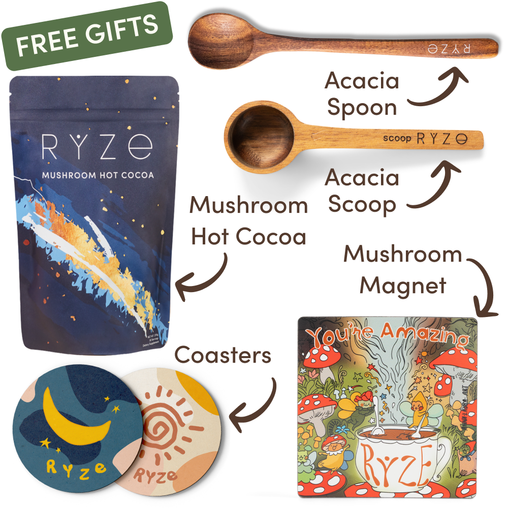 Wooden spoons and a colorful mushroom-themed magnet with text 'You're Amazing.'