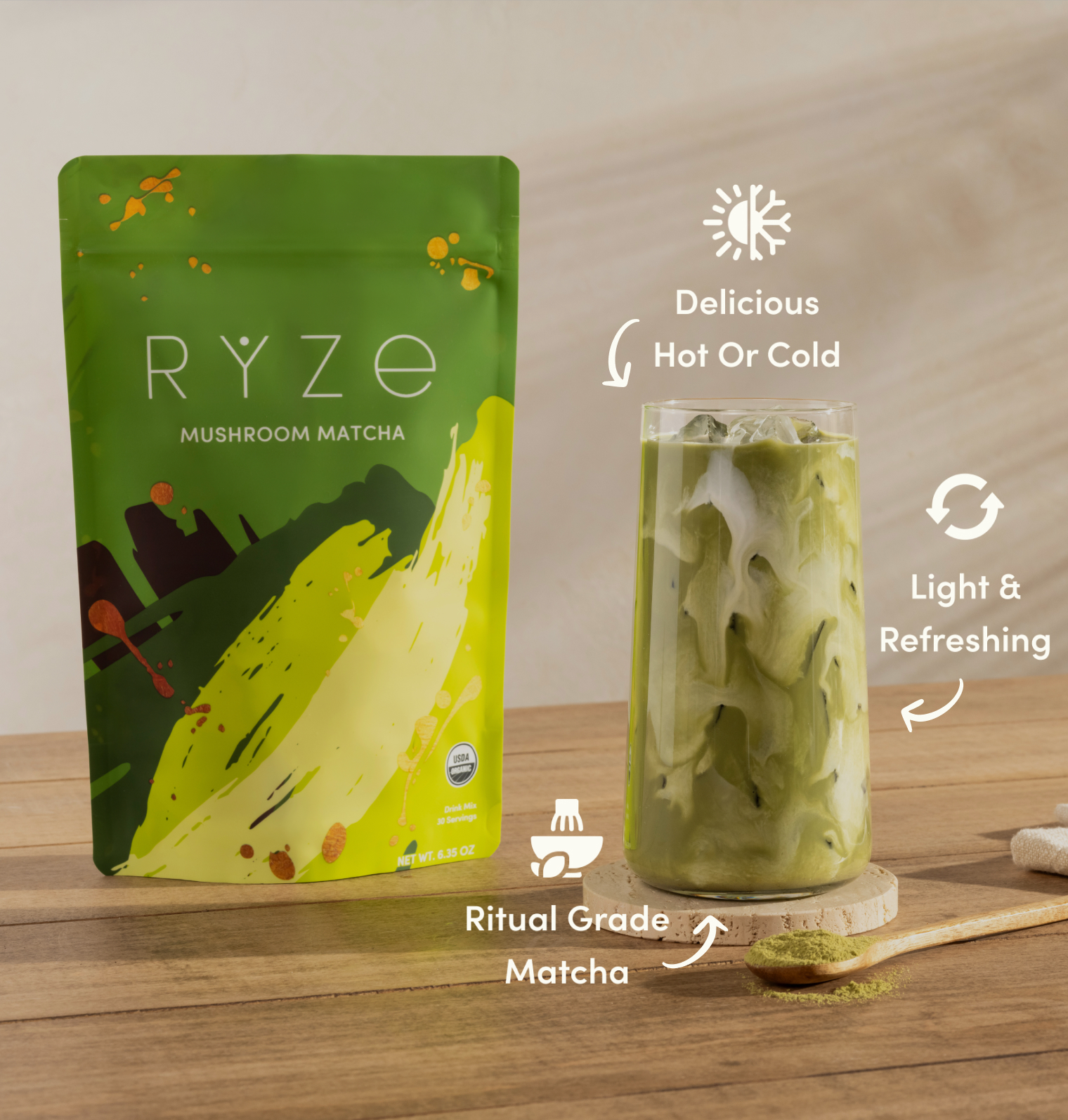 Green mushroom matcha package and iced matcha drink on a wooden table.