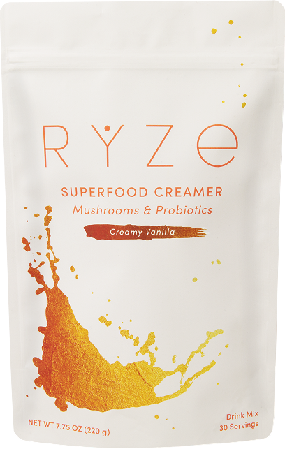 RYZE Superfood Creamer packaging with orange splash design.