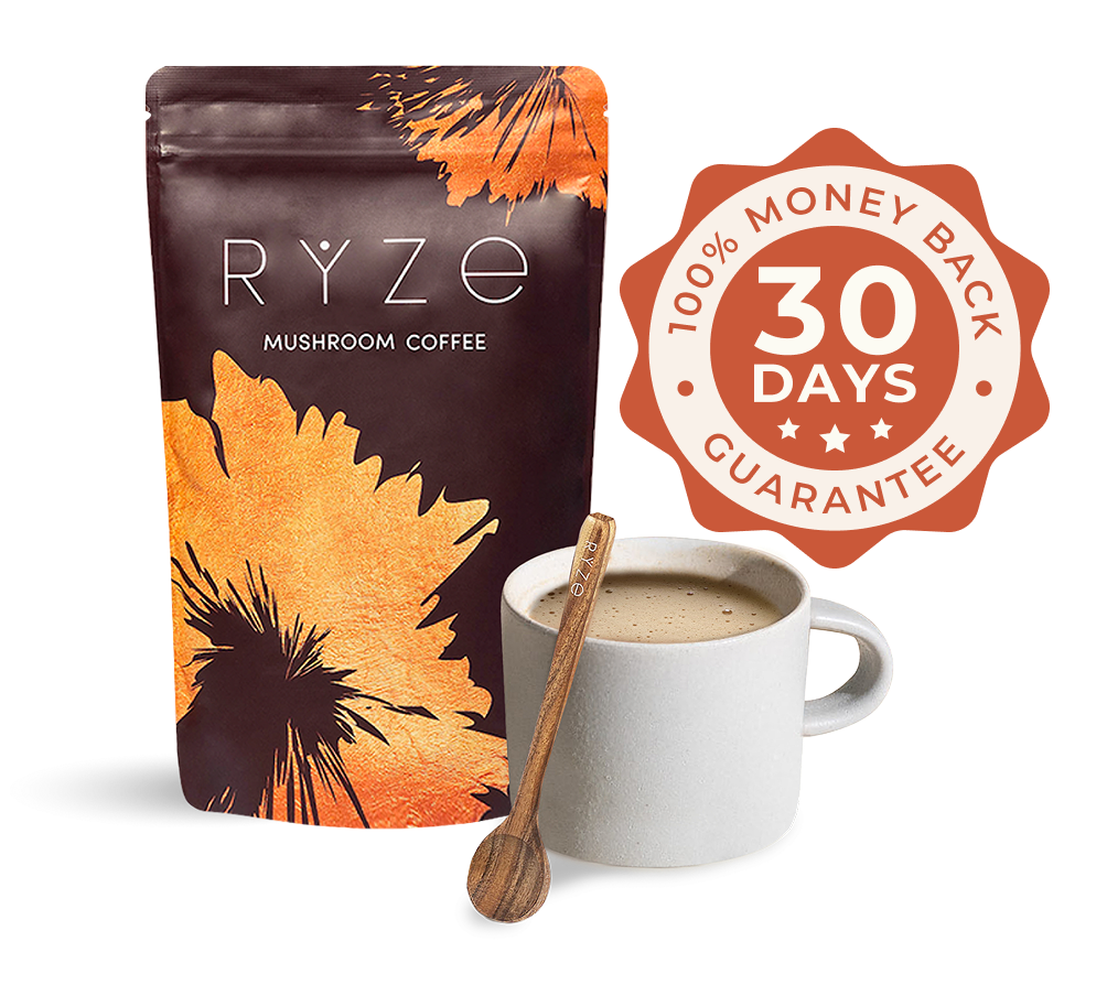Ryze mushroom coffee package with a cup and wooden spoon, 30-day money-back guarantee badge.