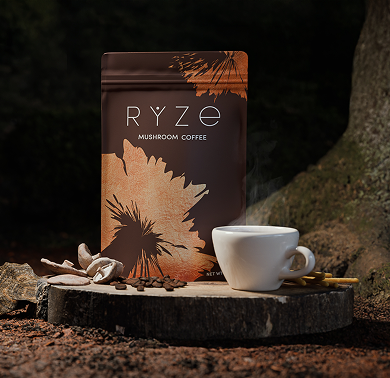A bag of mushroom coffee next to a steaming cup on a wooden surface outdoors.