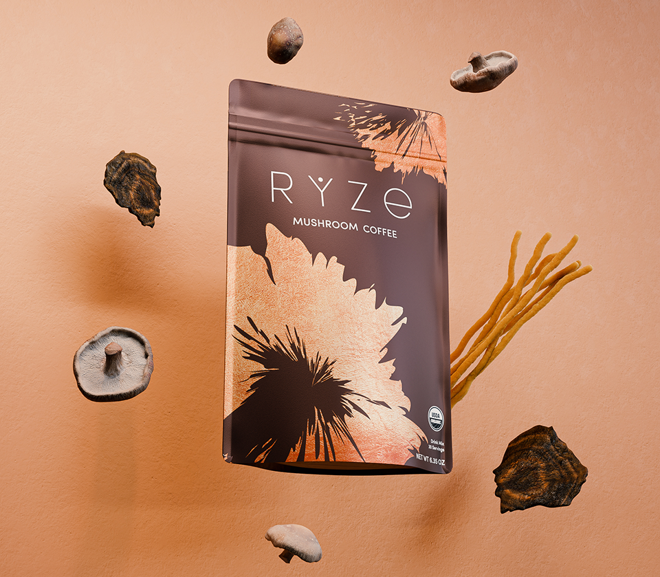 A package of mushroom coffee with floating mushrooms and earthy background.