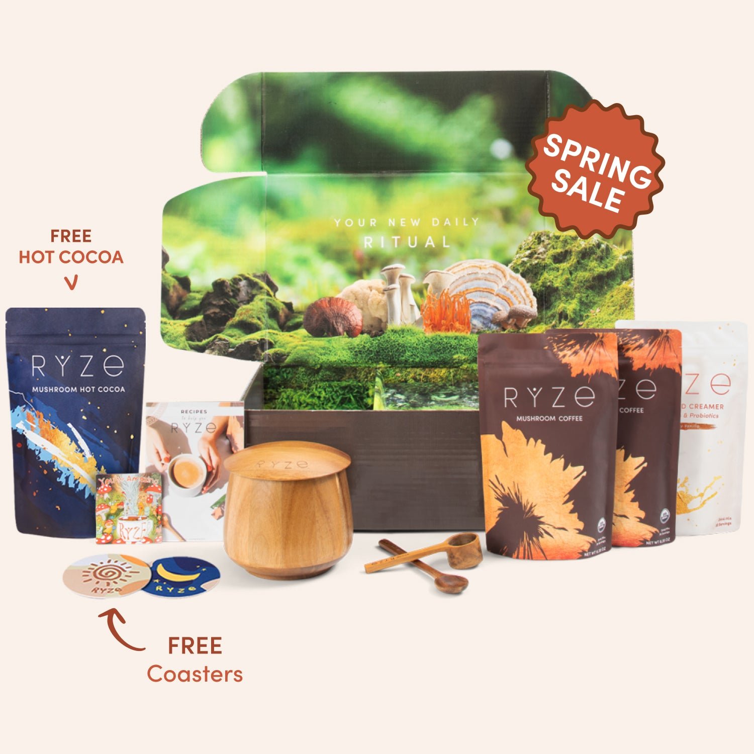 Assortment of RYZE mushroom coffee products with spring sale promotion.
