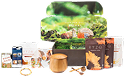 A collection of products including snacks, teas, and a gift box with a nature design.