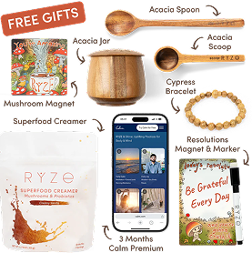 Gift set includes acacia spoon, jar, scoop, mushroom magnet, superfood creamer, bracelet, magnet, and phone app subscription.