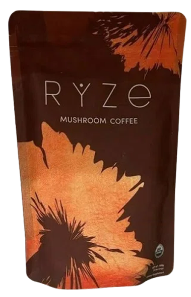 Package of Ryze mushroom coffee with abstract floral design.